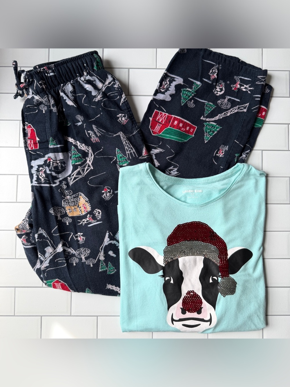 🎄XS/S🐮 Land’s End Christmas Holiday Skiing Cow Cotton Modal Pajama Set Red Barn